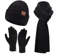 Hiver Chic Bonnet Chaud Echarpe Gants Tactiles Ensemble Tricot Côtelé Casquette Foulards Gants pour Homme Femme, Noir