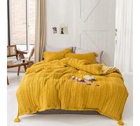 Hiver Hleette Cover Ensemble Couvercle Couette Jeu 4 PCS Set Double Couvre-Housse de Courtepointe à lit Plate Twin Flannel Flanelle Super Soft Warm Cozy Tricoting (Jaune King)