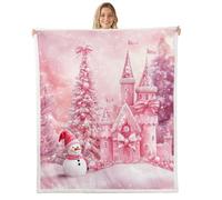 Hiver Noël Couverture 150x200cm,Mignon Noël Bonhomme de Neige Laine Couverture En Sherpa Rose Sapin de Noël Flocons de Neige Couverture Canape Enfants,Kawaii Bow Princesse Château Couverture Polaire