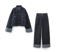 Hiver Nouveau Produit Femmes Nouvelle Mode décontracté Veste en Jean Manteau Ourlet frisé Pantalon Ensemble-Bleu Profond-XS