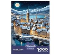 Hiver Ville de Contes de fées Puzzle 1000 Pièces Cadeau Unique intéressant Jeu Éduchatif Défi Jouet À De Qualité Supérieure Peinture Art pour Adultes Et Enfants À Partir De 14 Ans 38x26cm/1000pcs