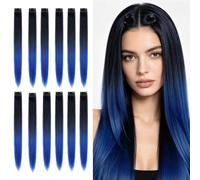 HIVTE Extensions à Clip Cheveux Naturel Rajout Cheveux Meche Cheveux 12 Pièces 55 cm Lisses Synthétiques Cosplay Femme (Noir vers Bleu)