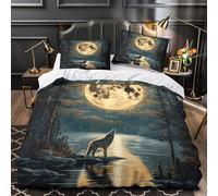 HIWQCGTAS Nuit de Pleine Lune 3D Imprimé Housse de Couette 3 pièces Microfibre Anti-Tache Style Artistique de WildWolf Drap de Couette 2 taies résistante garçons Filles Super King（260x220cm）