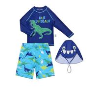 Hixingo 2 Pièces Ensemble Maillot de bain Garçon Fille Bébé 1 à 12 Ans, Maillot de bain Rashguard à Manches Longues + Short de Bain + Chapeau de Soleil, Requin Dinosaure (Bleu 1,130cm)