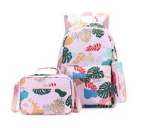 Hixingo 3 Pièces Sac à Dos Enfants Fille, Sac à Déjeuner et Trousse à Crayons, Sac à Dos Et Sac à Bandoulière Léger Mignon Sac à Dos Garçons pour Scolaire Primaire (Feuilles Roses)