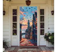 Hixingo Bannière de Porte de Bienvenue Housse de Porte Decorative, Panneau de Bannière de Porche Couverture Intérieur et Extérieur pour Anniversaire, Mariage, Pâques (Village Phare)