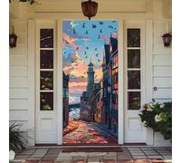 Hixingo Bannière de Porte Decoration, Impression en 3D Couverture de Porte Deco Bannière avec élastique pour portes d'Chambre, salle de Bain et Cuisine (Les villes,210x90cm)