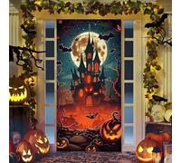 Hixingo Bannière de Porte Halloween Decoration, Tissu Couverture de Porte Deco Halloween Effrayantes Bannière de Porte à Suspendre Château Squelette (90x200cm,Châteaux)