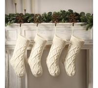 Hixingo Chaussette de Noël Personnalisé Lot de 1/2/4/6 Rouge Blanc Chaussettes de Cheminée à Suspendre Knit Tricotés Décorations de Bas de Noël Xmas Sac Cadeau Sac de Bonbons (4 pièces,Blanc)