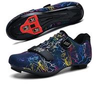 Hixingo Chaussures de Cyclisme pour Hommes Femmes Chaussures D'équitation sur Route et Montagne, Imprimé Tonnerre Unisexe VTT SPD SPD-SL Respirant Semelle Dure Chaussures de Vélo (Marine,38)