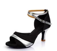 Hixingo Chaussures de Danse Latine Femme 5CM, Bout Ouver Chaussures de Danse de Salon Femme pour Salsa Bachata, Jazz, Latin, Standard, Rumba, Cha Cha (806 Noir Argent,39)