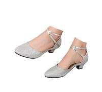 Hixingo Chaussures de Danse Latine Femme Bout Fermé Talon 3,5cm,Chaussures De Salsa Tango Valse Fête Sociale pour Jazz/Latin/National Mark/Rumba/Cha Cha (D117 Argent,35)