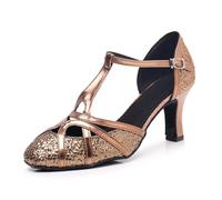 Hixingo Chaussures de Danse Latine Femme Bout Fermé Talon,Chaussures De Salsa Tango Valse Fête Sociale pour Jazz/Latin/National Mark/Rumba/Cha Cha (Bronze 7,5 cm,40)