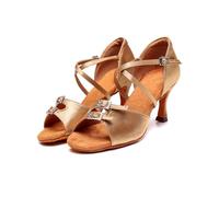 Hixingo Chaussures de Danse Latine Femme Bout Ouvert Talon 7,5cm,Chaussures De Salsa Tango Valse Fête Sociale pour Jazz/Latin/National Mark/Rumba/Cha Cha -Modèle L3041 (Brun Clair,34)