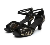 Hixingo Chaussures de Danse Latine Femme Bout Ouvert Talon 7cm,Chaussures De Salsa Tango Valse Fête Sociale pour Jazz/Latin/National Mark/Rumba/Cha Cha -Modèle L3009 (Or Noir,36)