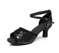 Hixingo Chaussures de Danse Latine Femme Bout Ouvert Talon 7cm,Chaussures De Salsa Tango Valse Fête Sociale pour Jazz/Latin/National Mark/Rumba/Cha Cha -Modèle L3009 (Argent Noir,35)