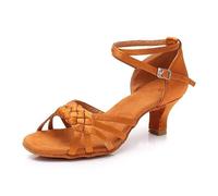 Hixingo Chaussures de Danse Latine Femme Talon 5.5cm, Tissé Bout Ouvert Chaussures de Danse de Salon Femme Tango Valse Fête pour Jazz Latin Standard Rumba Cha Cha (Marron,35)