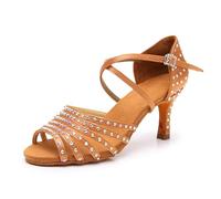 Hixingo Chaussures de Danse Latine Femme Talon 7cm, Strass Bout Ouvert Chaussures de Danse de Salon Femme Tango Valse Fête pour Jazz Latin Standard Rumba Cha Cha (Champagne,39)