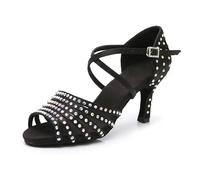 Hixingo Chaussures de Danse Latine Femme Talon 7cm, Strass Bout Ouvert Chaussures de Danse de Salon Femme Tango Valse Fête pour Jazz Latin Standard Rumba Cha Cha (Noir,38)