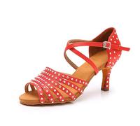 Hixingo Chaussures de Danse Latine Femme Talon 7cm, Strass Bout Ouvert Chaussures de Danse de Salon Femme Tango Valse Fête pour Jazz Latin Standard Rumba Cha Cha (Rouge,35)