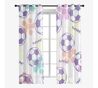 Hixingo Lot de 2 Rideau Voilage Impression de Football, Rideau Semi-Transparent à Oeillet Voilages, Rideaux la Mode Décoration de Maison Chambre Salon (107x213cm,Ballon de Football Violet)