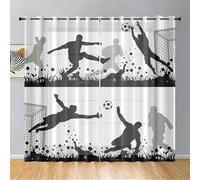 Hixingo Lot de 2 Rideau Voilage, Rideau Semi-Transparent Impression de Football à Oeillet Voilages, Rideaux Décoration de Maison Chambre Salon (80x115cm,Noir Blanc)
