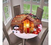 Hixingo Nappe Ronde 3D Noël Nappe de Table avec Bord Élastique, Anti-Taches Lavable Nappe 90-200CM pour Fête de Noël, Dîner du Nouvel an (Chandelle Cottage,Diamètre 130cm)