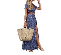 Hixingo Robe Longue Femme À Manches Courtes Ete Robe de Plage Col V Boho Casual Maxi Robe de Plage Soirée Élegante Cocktail Chic Mode Plage Grande Taille Vacances Party Robes