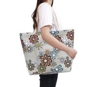 Hixingo Sac de Plage Toile XXL Femme Homme, Grand Sac de Plage en Été Cabas de Piscine Pliable Léger Beach Tote Bag pour Vacances, Gymnase, Voyage, Shopping (46 * 32 * 14cm,Fleurs classiques)