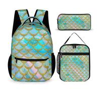 Hixingo Schulranzen Set 3, Schulrucksack mit Lunchpaket Tasche und Mäppchen für Mädchen & Jungen, Schultasche Teenager für 1 BIS 5. klasse, Fischmuster (Vert océan)