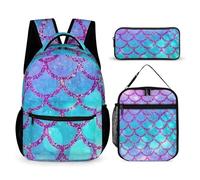 Hixingo Schulranzen Set 3, Schulrucksack mit Lunchpaket Tasche und Mäppchen für Mädchen & Jungen, Schultasche Teenager für 1 BIS 5. klasse, Fischmuster (Océan Violet)