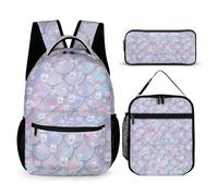Hixingo Schulranzen Set 3, Schulrucksack mit Lunchpaket Tasche und Mäppchen für Mädchen & Jungen, Schultasche Teenager für 1 BIS 5. klasse, Fischmuster (Perle Violet)