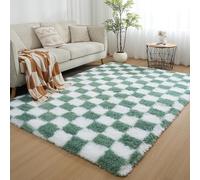 Hixingo Tapis Salon à Poils Longs, Imprimé à Damier Tapis Chambre Antidérapant Confortable, Moquette Shaggy, Moquette en Fourrure Synthétique, Carpet Moelleux pour Chambre Salon (Vert,120x160cm)