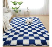 Hixingo Tapis Salon à Poils Longs, Imprimé à Damier Tapis Chambre Antidérapant Confortable, Moquette Shaggy, Moquette en Fourrure Synthétique, Carpet Moelleux pour Chambre Salon (Bleu,120x160cm)