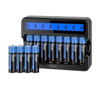 Hixon Lot de 12 batteries au lithium AA rechargeables avec chargeur rapide à 8 emplacements, longue durée de vie 3500 mWh 1,5 V, taux de décharge élevé