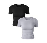 hixswnu 2 Pièce Femmes Casual De Base Sortir Crop Tops Slim Fit Manches Courtes Serré T-Shirts Workout Tops,010,S