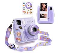 HIYQIN Étui rigide transparent pour appareil photo instantané Fuji Mini SE, coque en plastique avec joli autocollant et bandoulière, Chien joyeux violet, MINI SE CASE, Coque transparente Fashion Mini