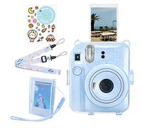 HIYQIN Housse à Paillettes pour Fujifilm/Polaroid Instax Mini 12 - Étui de Protection Transparent Amélioré avec Bandoulière, Boîte Photo et Autocollant DIY - Paillettes Bleu
