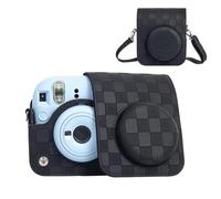 HIYQIN Housse pour Appareil Photo Compatible avec Fujifilm Instax Mini 12, Sac de Transport Style Damier pour Polaroid Instax Mini 12 avec Sangle - Noir
