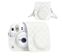 HIYQIN Housse pour Appareil Photo Instantané Fujifilm Instax Mini 12, Sac de Transport Style Damier pour Polaroid Instax Mini 12 avec Sangle - Blanc