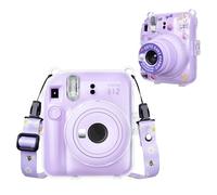 HIYQIN Housse Transparent pour Appareil Photo Instantané Fuji Instax Mini 12 - Coque Rigide Transparente pour Polaroid Instax Mini 12 avec Bandoulière et Autocollant - Violet