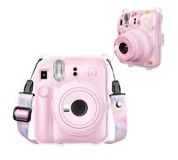 HIYQIN Housse Transparent pour Appareil Photo Instantané Fuji Instax Mini 12 - Coque Rigide Transparente pour Polaroid Instax Mini 12 avec Bandoulière et Autocollant - Rose
