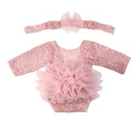 HiyyFloy Bébé Fille Dentelle Tulle Barboteuse 2 Pièces Robe À Volants Manches Body Gâteau Tenues Fleurs Cravate Maille Été Ensemble Princesse Robe De Soirée