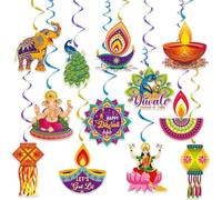 HiyyFloy Décorations Suspendues Happy Diwali, 12 Pièces Deepavali Rangoli Diyas Party Hanging Swirls Cards, Inde Festival des Lumières Party Hanging Swirls pour Décorations De Fête Diwali