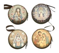 HiyyFloy Ensemble De 4 Pochettes Rondes Zippées pour Chapelet, Étui À Bijoux Catholiques Dédié À Prière De Vierge, Cadeau Religieux pour Baptême Première Communion
