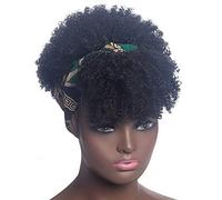 HiyyFloy Perruque Bandeau Afro Courte Crépue Bou pour Femmes Noires, Boucles Afro avec Écharpe, Perruque De Cosplay Naturelle Bou Synthétiques