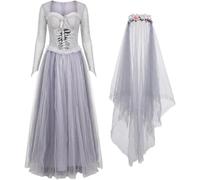 HiyyFloy Robe Corset Voile De Mariée, Ensemble Bandeau Floral, Costume De Mariée Morte pour Halloween, Idéal pour Le Cosplay.