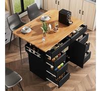 HIYYIH Ilot de cuisine 111 x 40 x 91,5 cm, chariot de service avec plan de travail extensible, chariot de cuisine mobile sur roulettes, île de cuisine moderne avec étagère à épices et 8 tiroirs