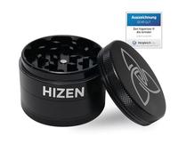 HIZEN Broyeur à herbes en aluminium Ø 49 mm, 4 pièces, broyeur pour herbes séchées, pollen, fleurs, épices avec compartiment à pollen et grattoir (noir)