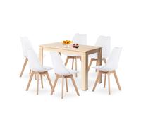 HJ_WeDoo Ensemble de salle à manger Table de salle à manger moderne aspect chêne avec 6 chaises blanches en hêtre massif inclus, pour salle à manger, design industriel